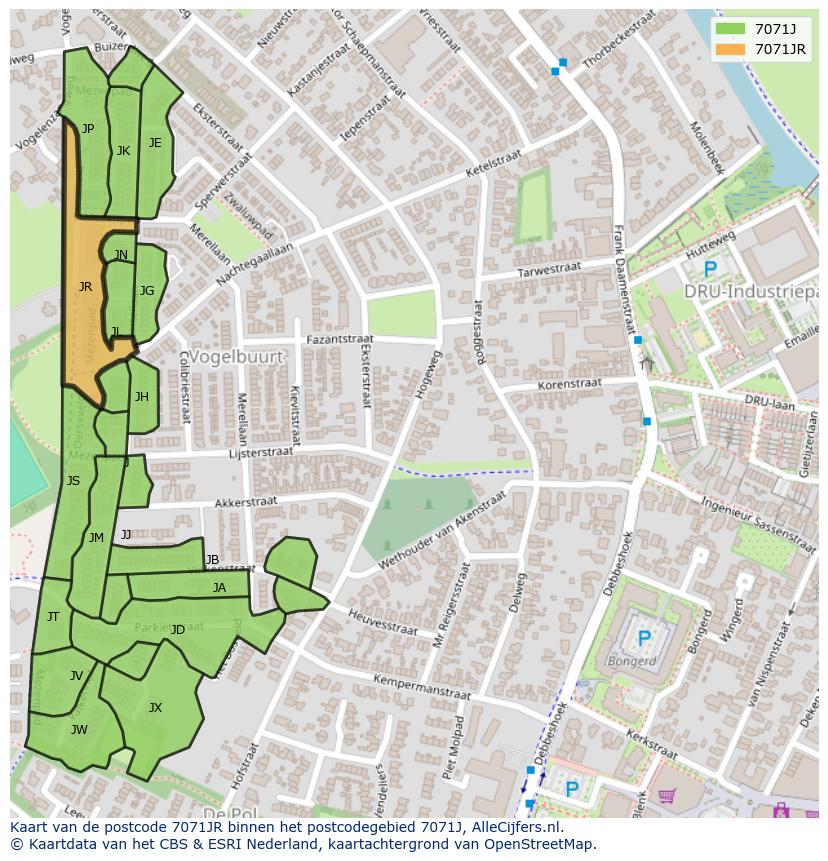 Afbeelding van het postcodegebied 7071 JR op de kaart.