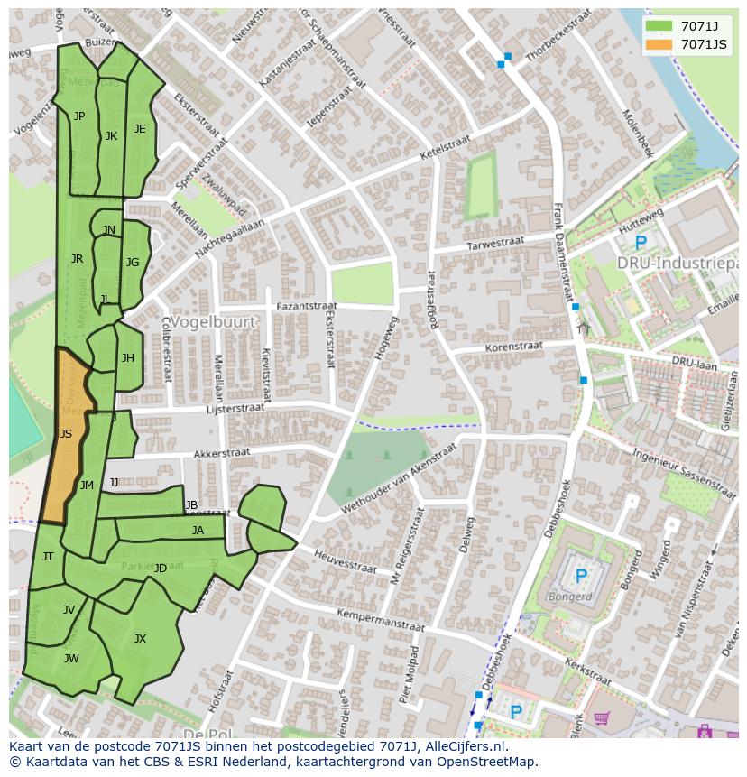 Afbeelding van het postcodegebied 7071 JS op de kaart.