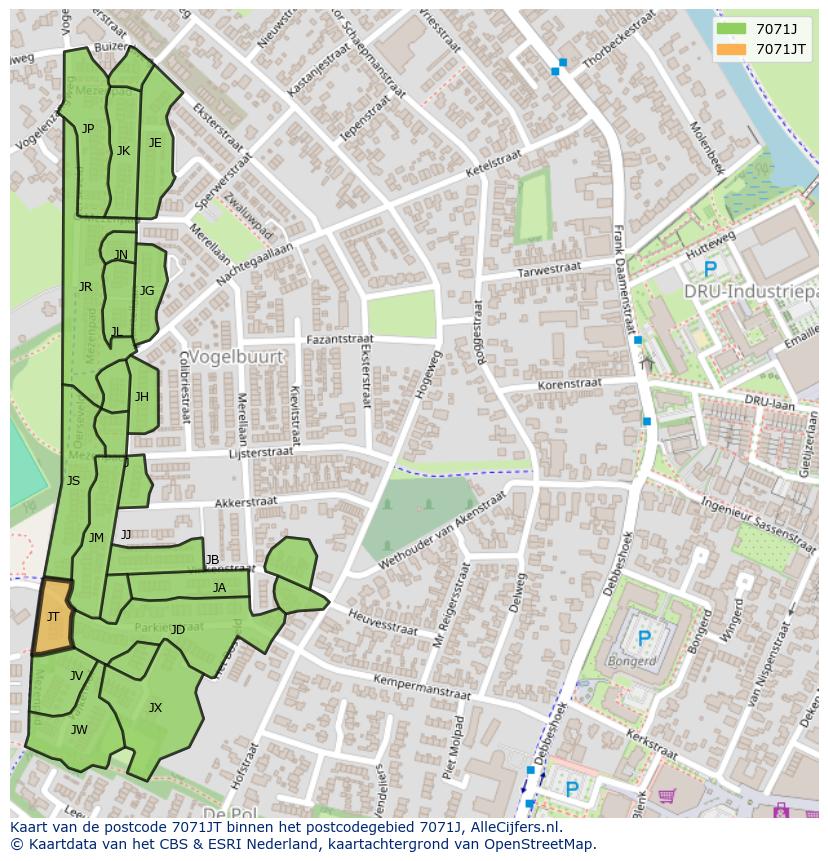Afbeelding van het postcodegebied 7071 JT op de kaart.