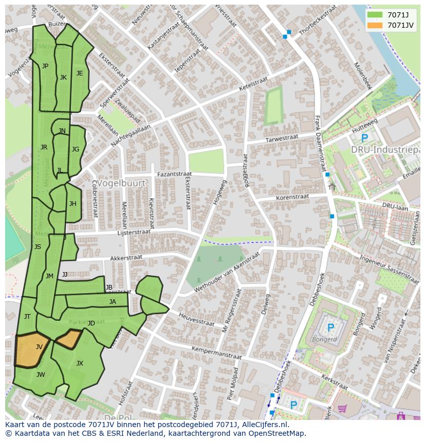 Afbeelding van het postcodegebied 7071 JV op de kaart.