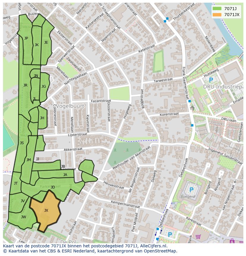 Afbeelding van het postcodegebied 7071 JX op de kaart.