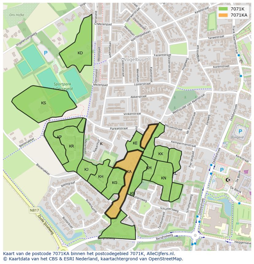 Afbeelding van het postcodegebied 7071 KA op de kaart.