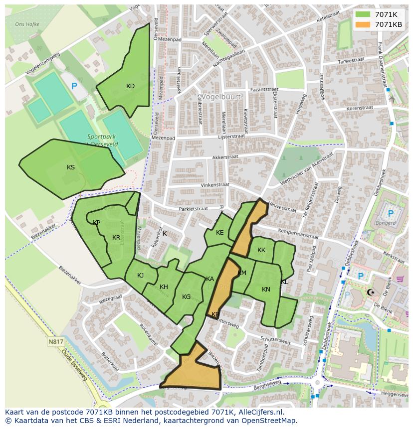Afbeelding van het postcodegebied 7071 KB op de kaart.
