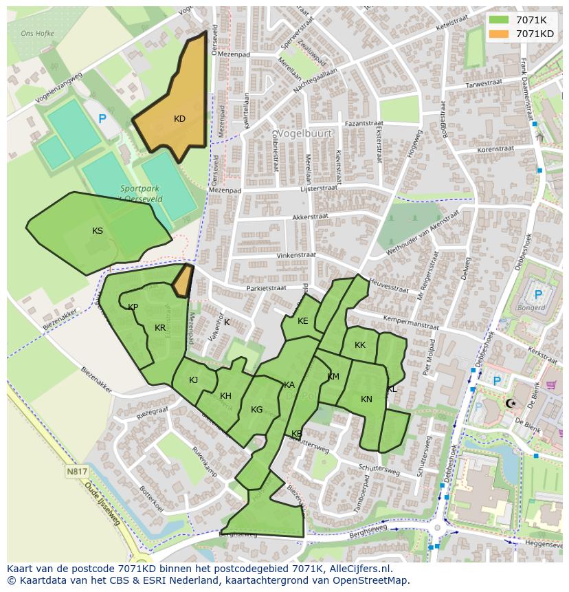 Afbeelding van het postcodegebied 7071 KD op de kaart.