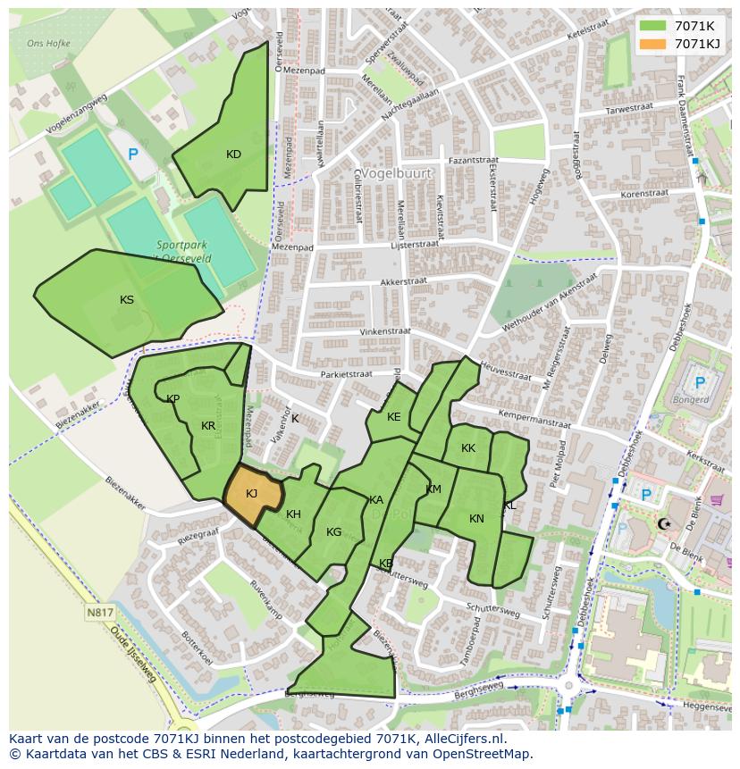 Afbeelding van het postcodegebied 7071 KJ op de kaart.