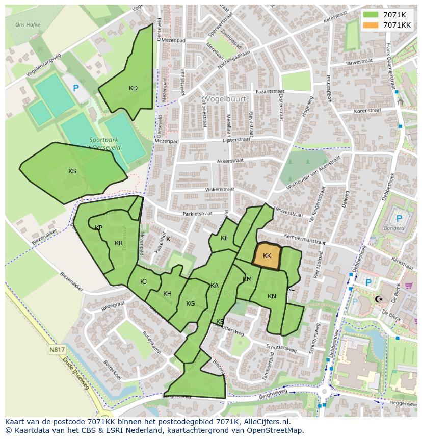 Afbeelding van het postcodegebied 7071 KK op de kaart.