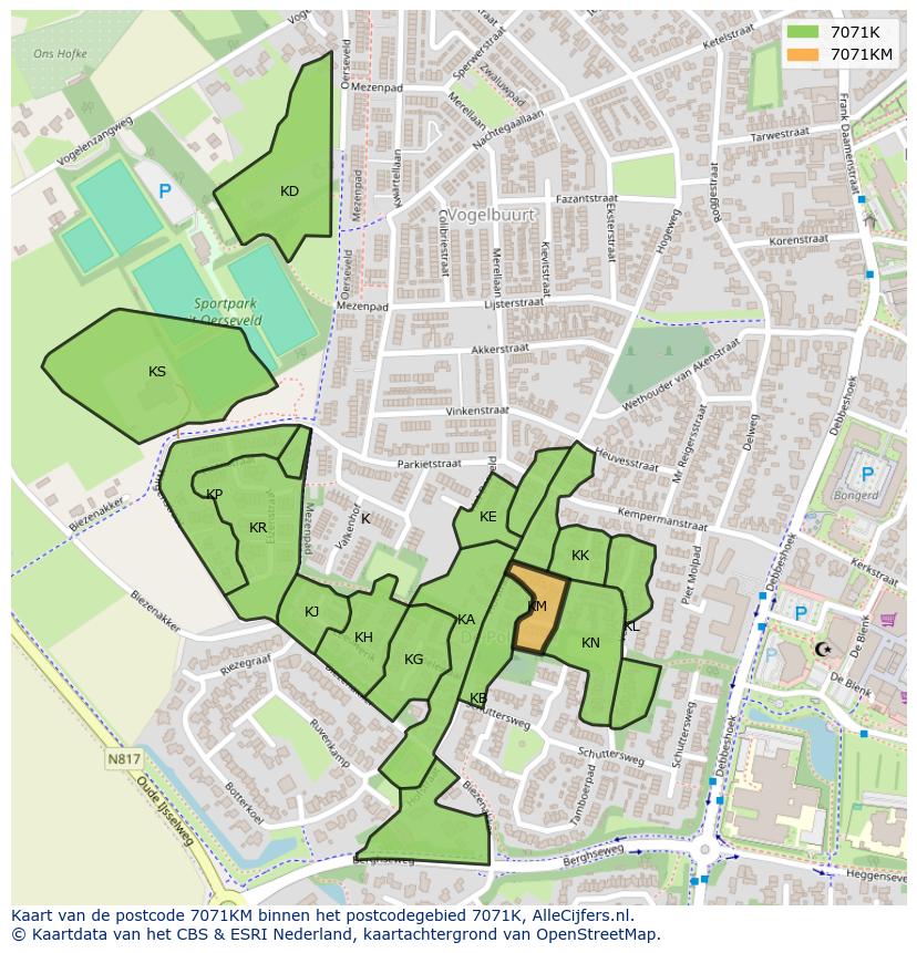 Afbeelding van het postcodegebied 7071 KM op de kaart.