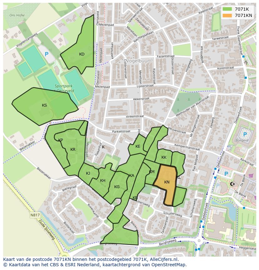 Afbeelding van het postcodegebied 7071 KN op de kaart.
