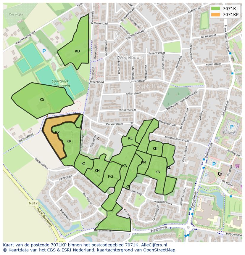 Afbeelding van het postcodegebied 7071 KP op de kaart.