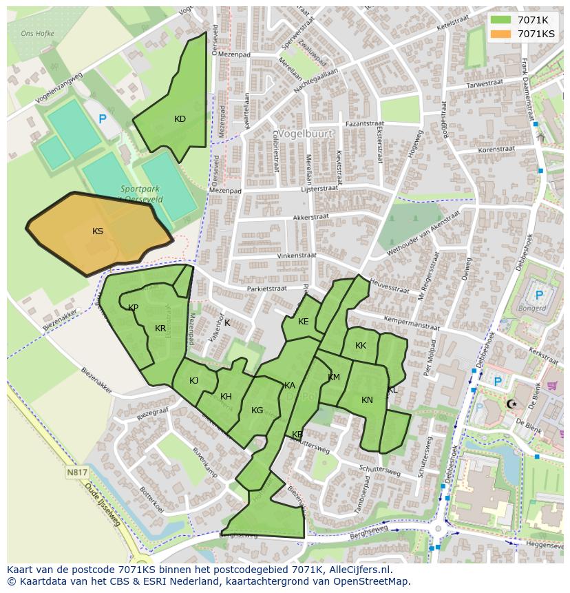 Afbeelding van het postcodegebied 7071 KS op de kaart.