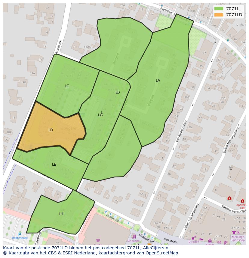 Afbeelding van het postcodegebied 7071 LD op de kaart.
