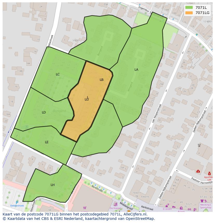 Afbeelding van het postcodegebied 7071 LG op de kaart.