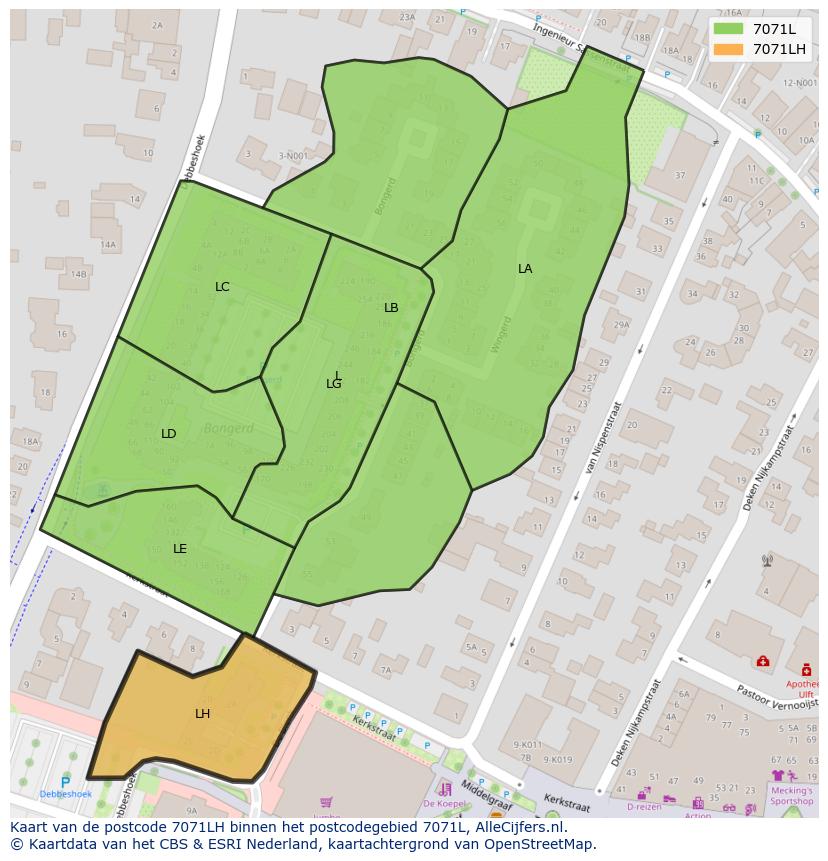Afbeelding van het postcodegebied 7071 LH op de kaart.