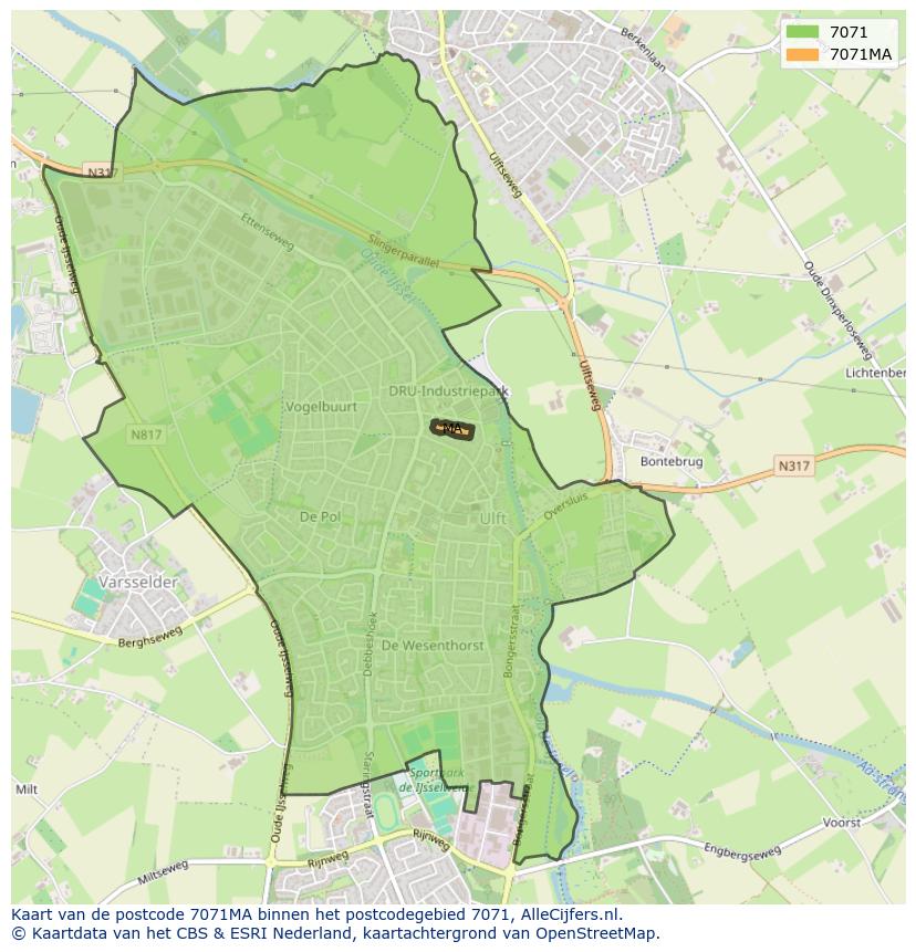 Afbeelding van het postcodegebied 7071 MA op de kaart.