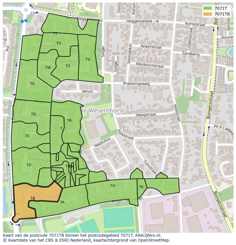 Afbeelding van het postcodegebied 7071 TB op de kaart.