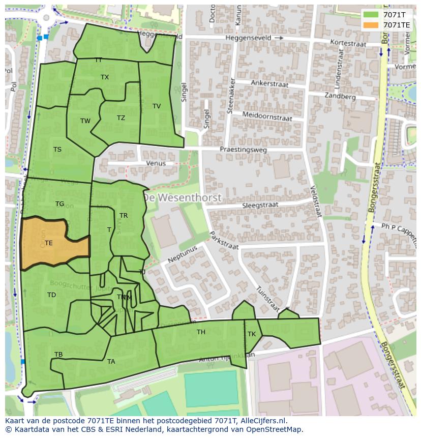 Afbeelding van het postcodegebied 7071 TE op de kaart.