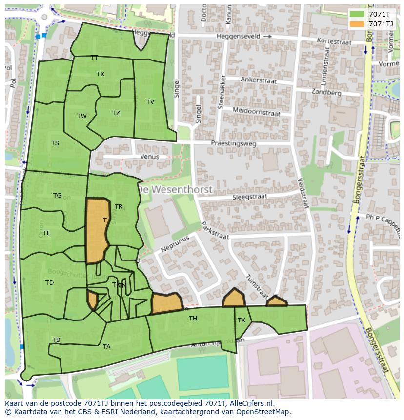 Afbeelding van het postcodegebied 7071 TJ op de kaart.