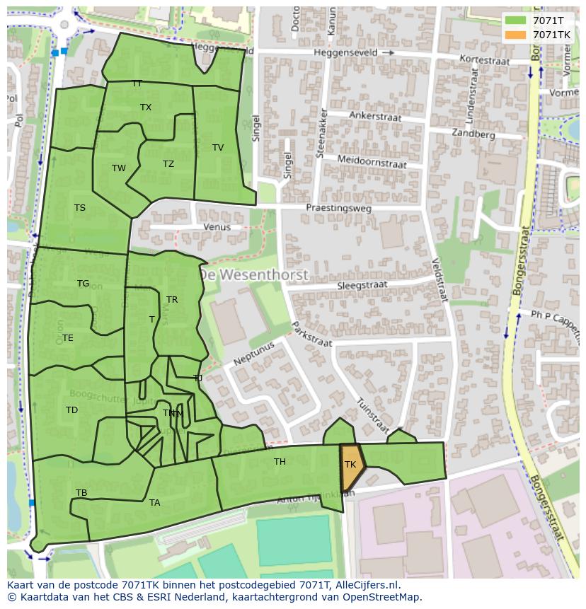 Afbeelding van het postcodegebied 7071 TK op de kaart.