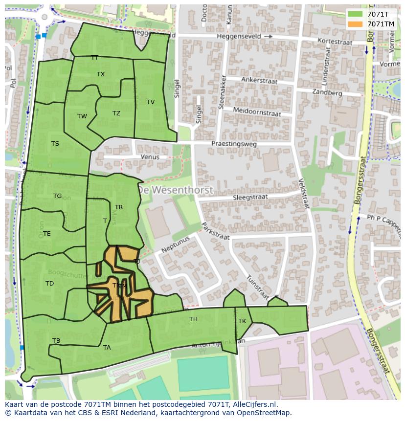 Afbeelding van het postcodegebied 7071 TM op de kaart.