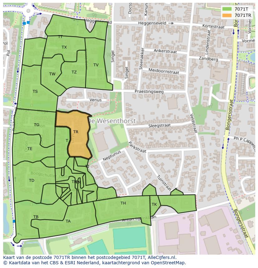 Afbeelding van het postcodegebied 7071 TR op de kaart.