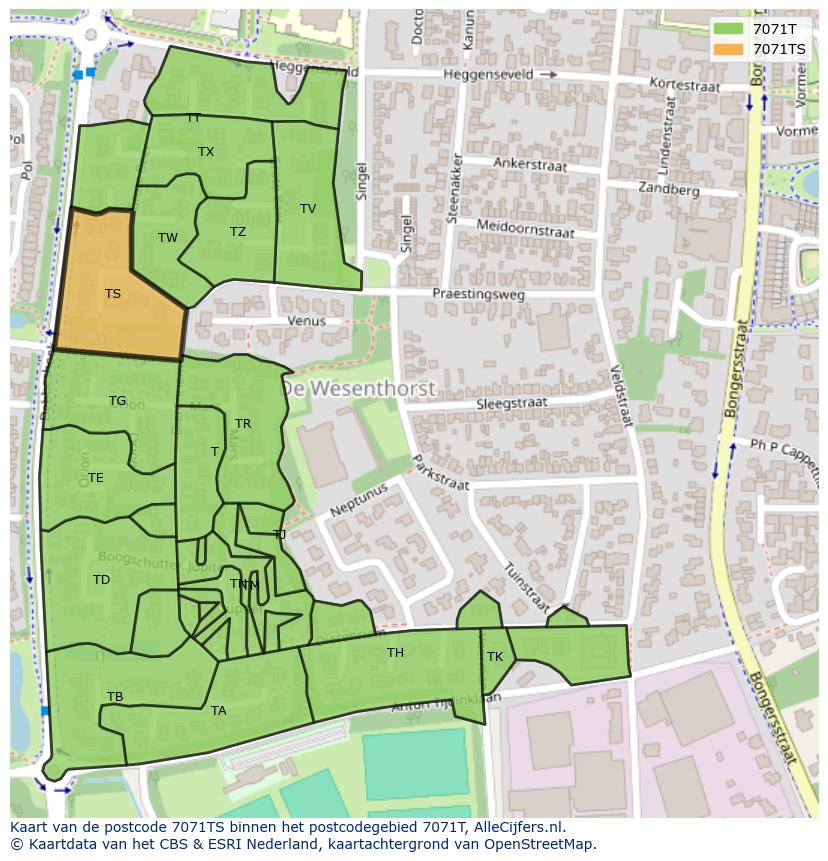 Afbeelding van het postcodegebied 7071 TS op de kaart.