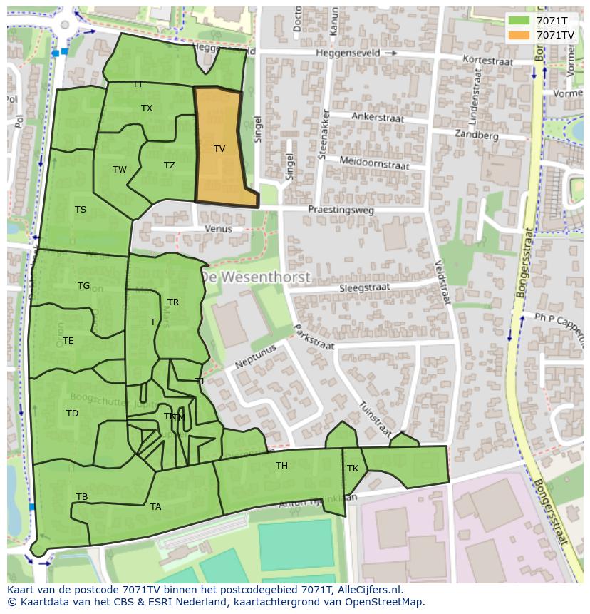 Afbeelding van het postcodegebied 7071 TV op de kaart.