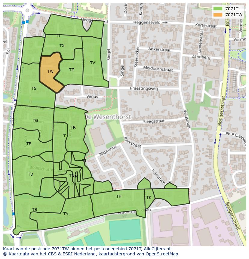 Afbeelding van het postcodegebied 7071 TW op de kaart.