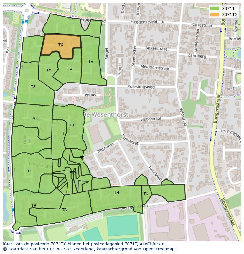 Afbeelding van het postcodegebied 7071 TX op de kaart.