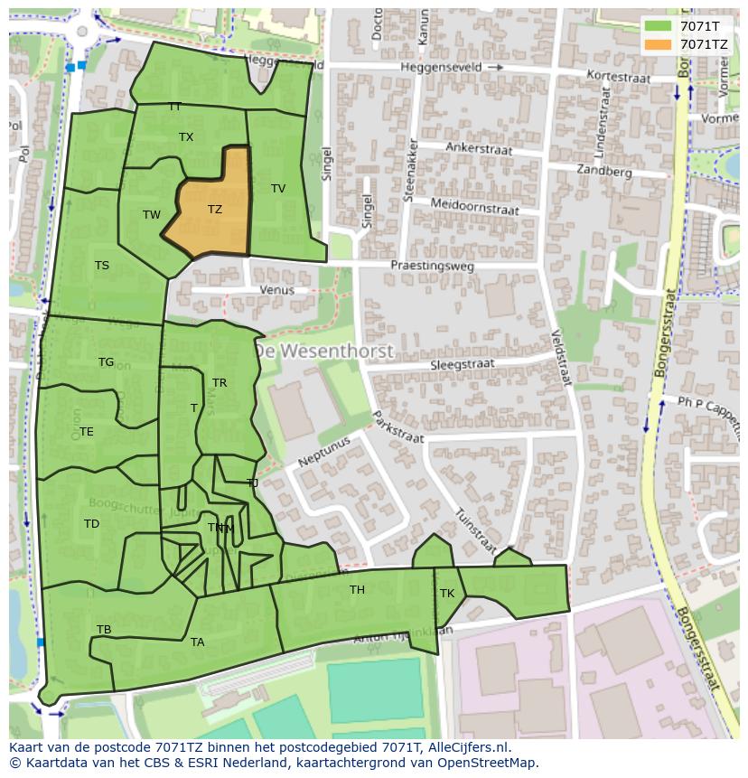 Afbeelding van het postcodegebied 7071 TZ op de kaart.