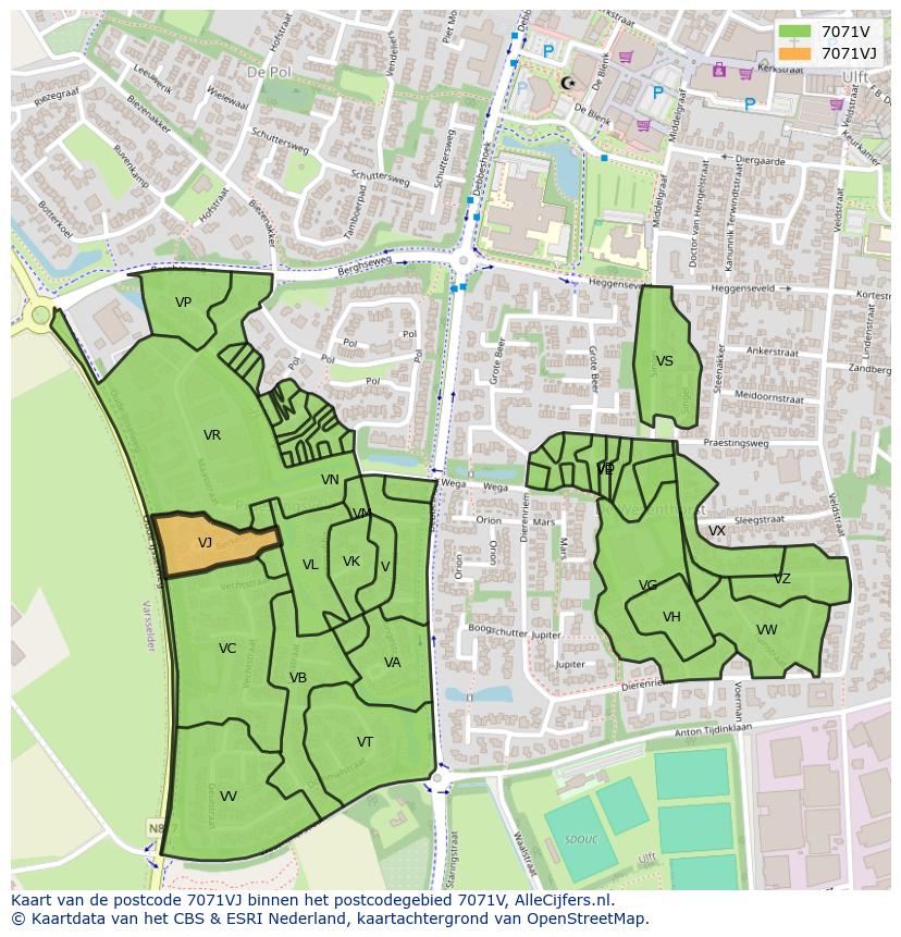 Afbeelding van het postcodegebied 7071 VJ op de kaart.