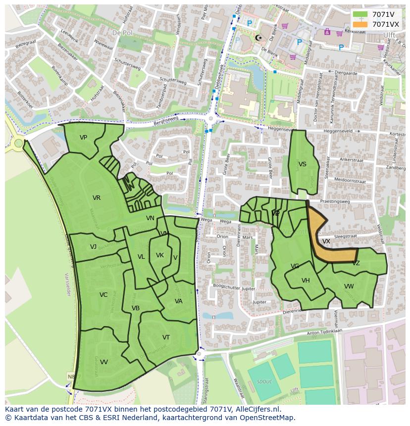 Afbeelding van het postcodegebied 7071 VX op de kaart.