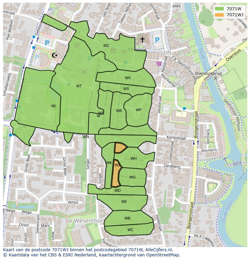 Afbeelding van het postcodegebied 7071 WJ op de kaart.