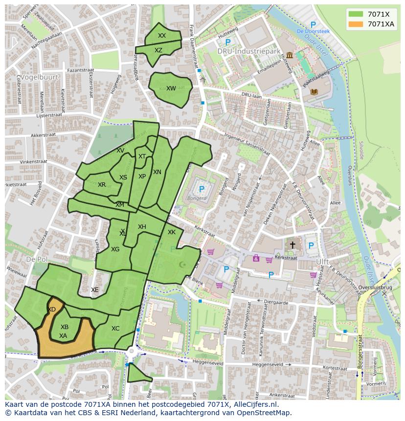 Afbeelding van het postcodegebied 7071 XA op de kaart.