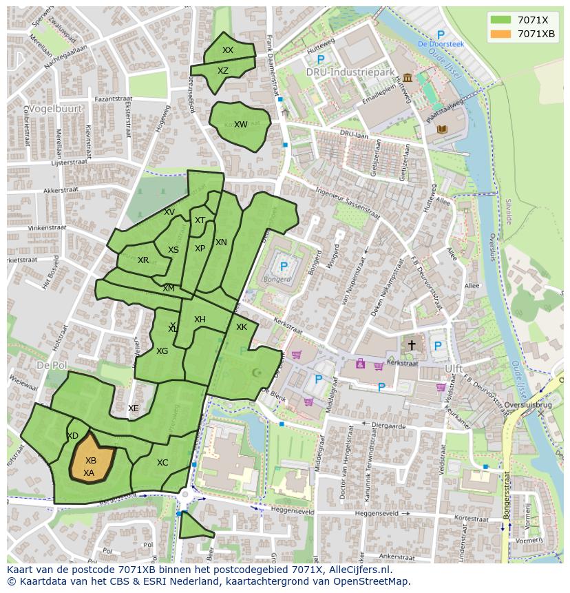 Afbeelding van het postcodegebied 7071 XB op de kaart.