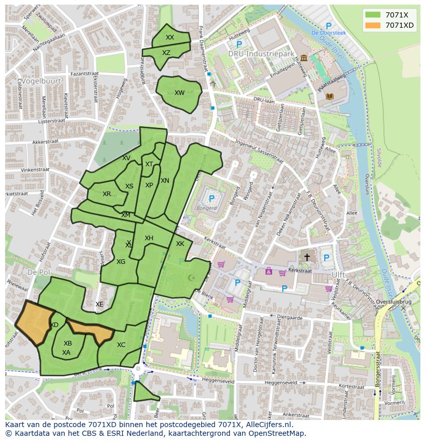 Afbeelding van het postcodegebied 7071 XD op de kaart.