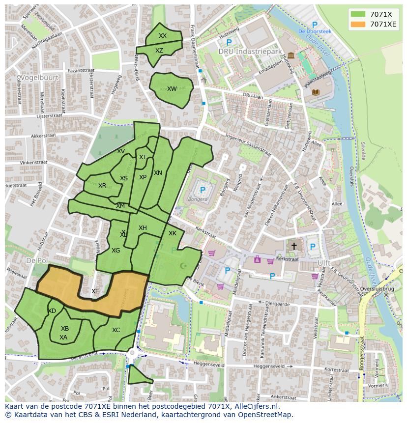 Afbeelding van het postcodegebied 7071 XE op de kaart.