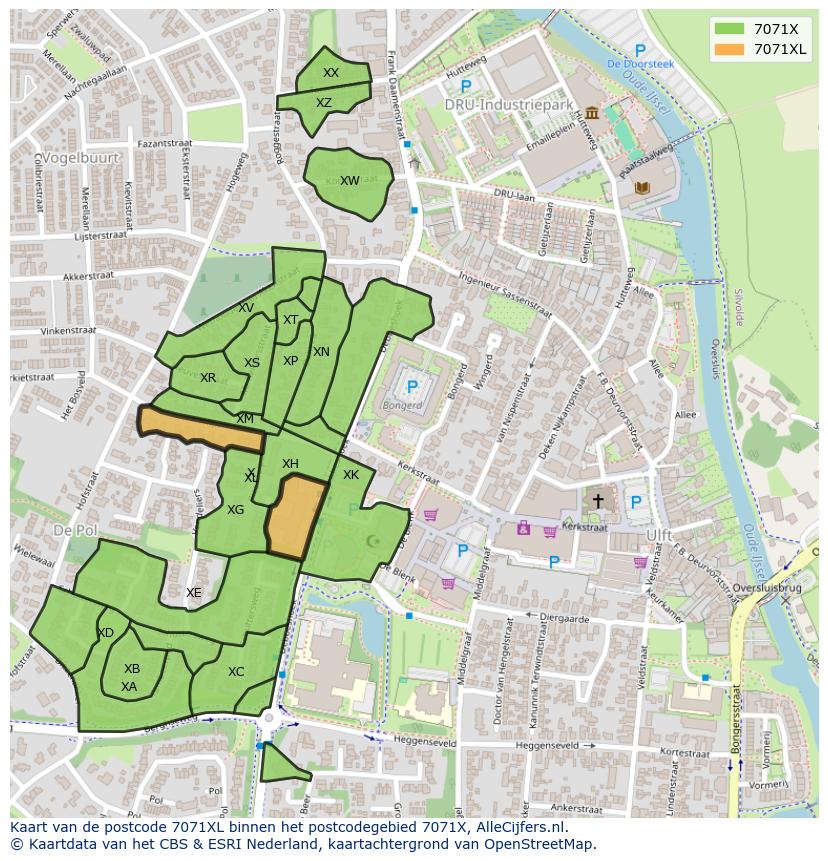 Afbeelding van het postcodegebied 7071 XL op de kaart.