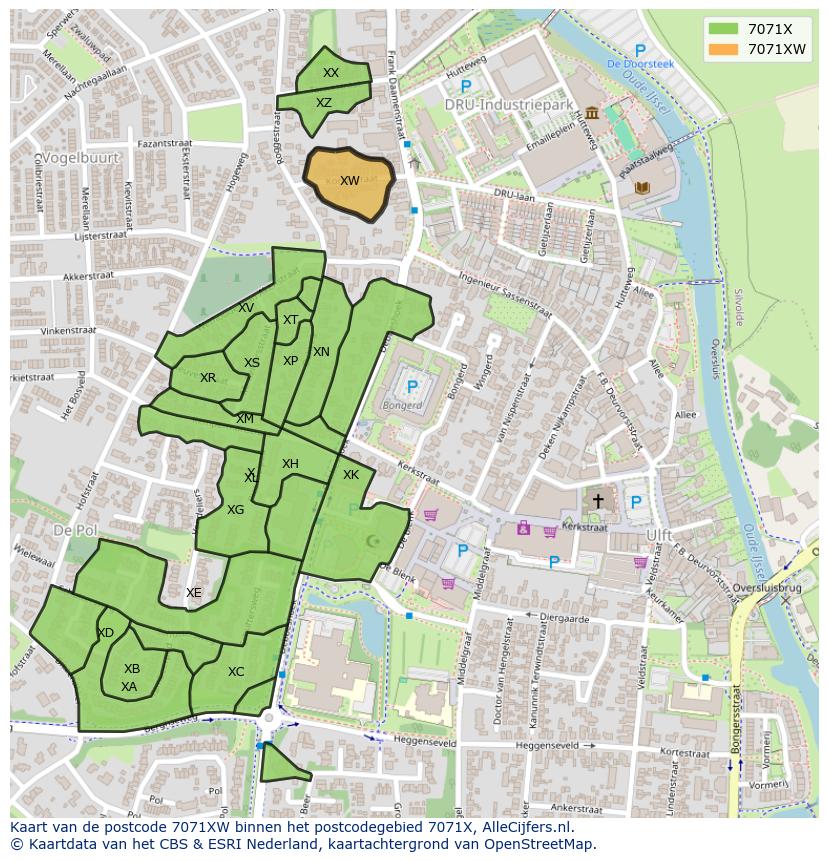 Afbeelding van het postcodegebied 7071 XW op de kaart.