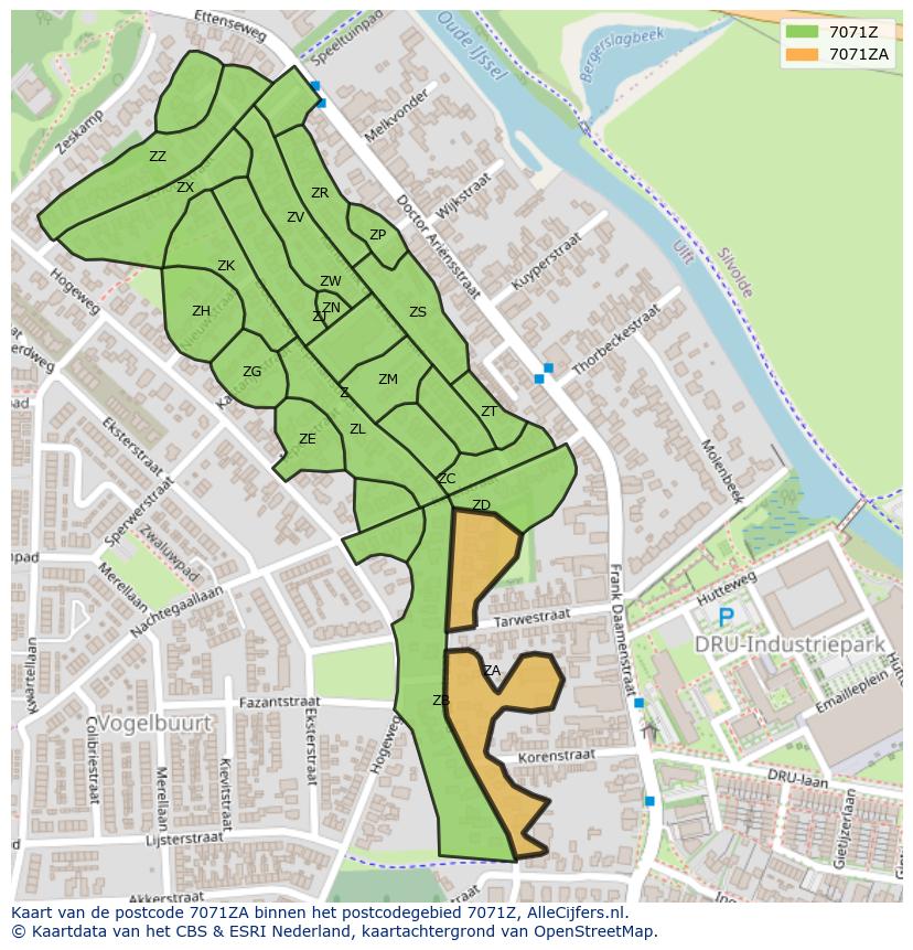 Afbeelding van het postcodegebied 7071 ZA op de kaart.