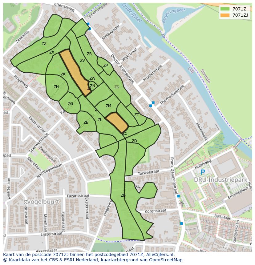 Afbeelding van het postcodegebied 7071 ZJ op de kaart.