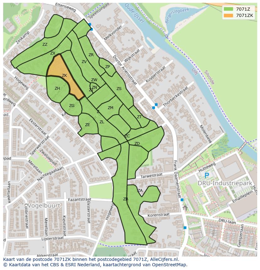 Afbeelding van het postcodegebied 7071 ZK op de kaart.