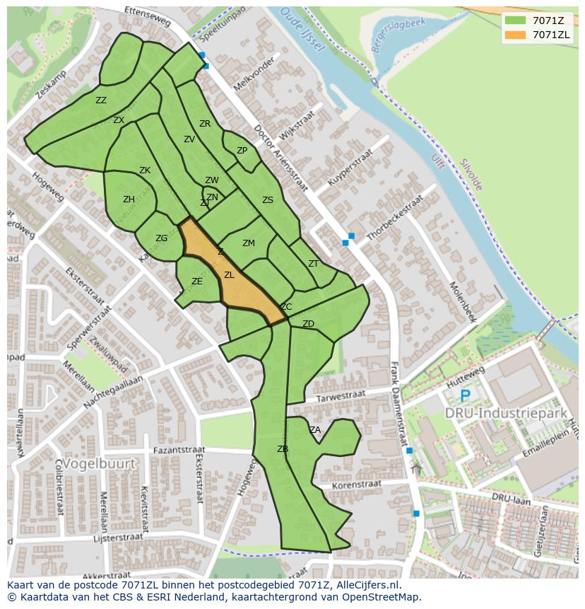 Afbeelding van het postcodegebied 7071 ZL op de kaart.