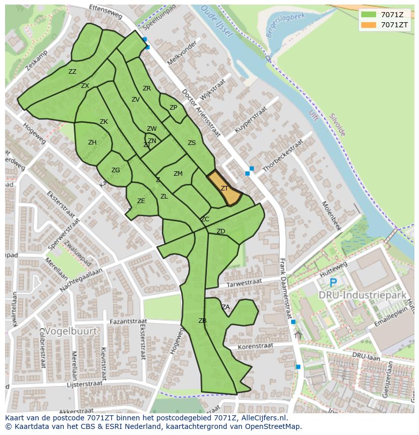Afbeelding van het postcodegebied 7071 ZT op de kaart.