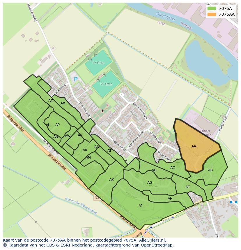 Afbeelding van het postcodegebied 7075 AA op de kaart.