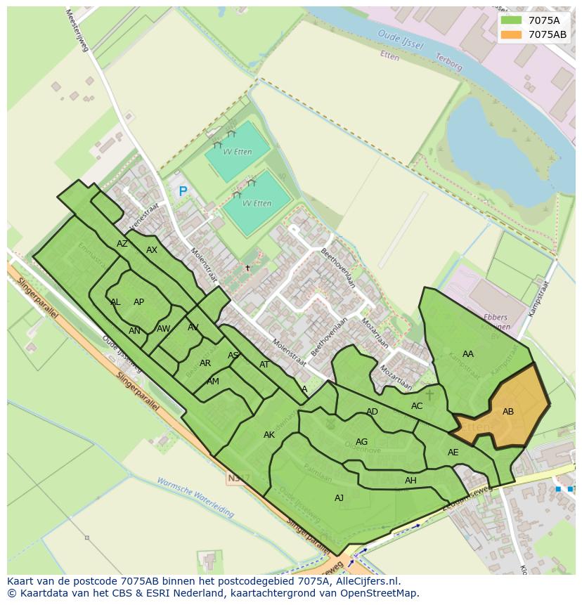 Afbeelding van het postcodegebied 7075 AB op de kaart.