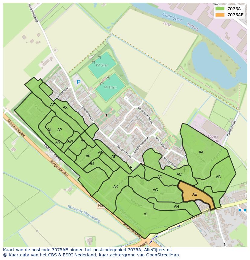 Afbeelding van het postcodegebied 7075 AE op de kaart.
