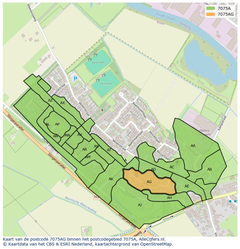 Afbeelding van het postcodegebied 7075 AG op de kaart.