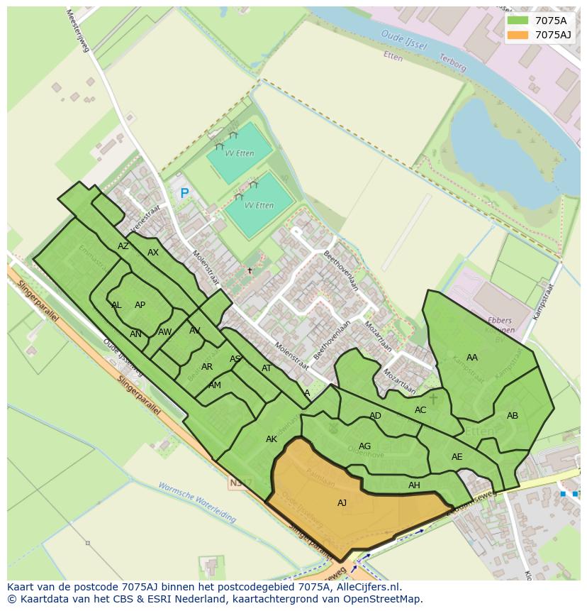 Afbeelding van het postcodegebied 7075 AJ op de kaart.