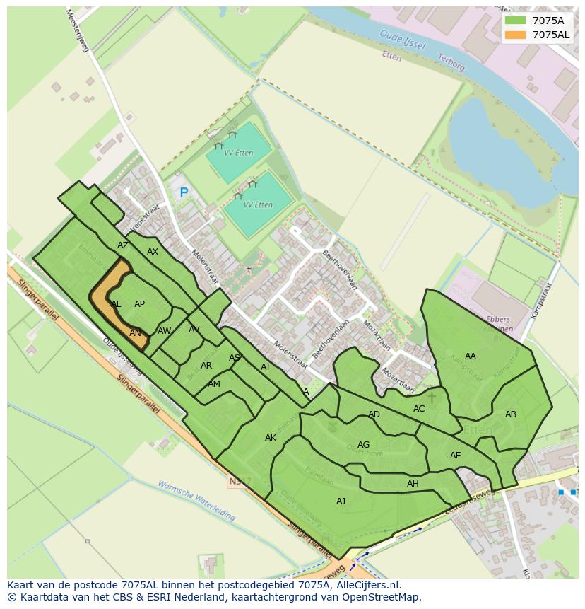 Afbeelding van het postcodegebied 7075 AL op de kaart.