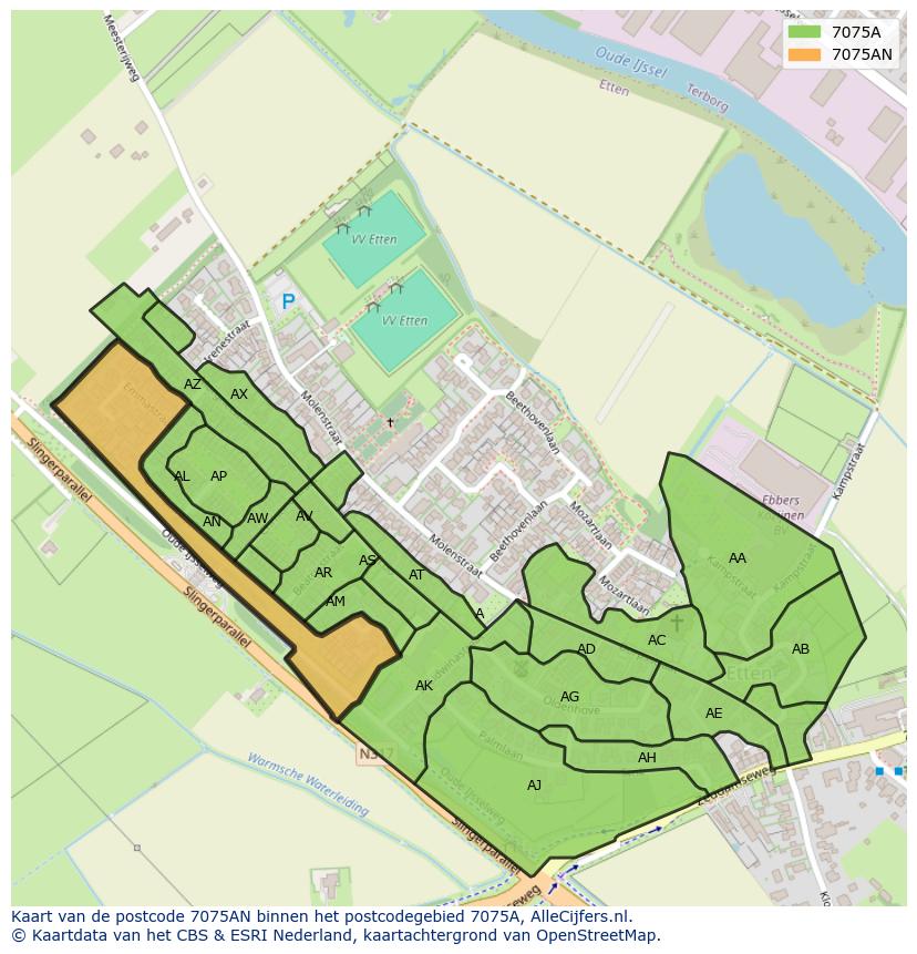 Afbeelding van het postcodegebied 7075 AN op de kaart.